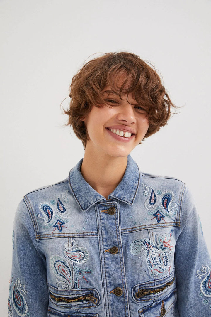 Embroidered Paisley Zip Jean Jacket