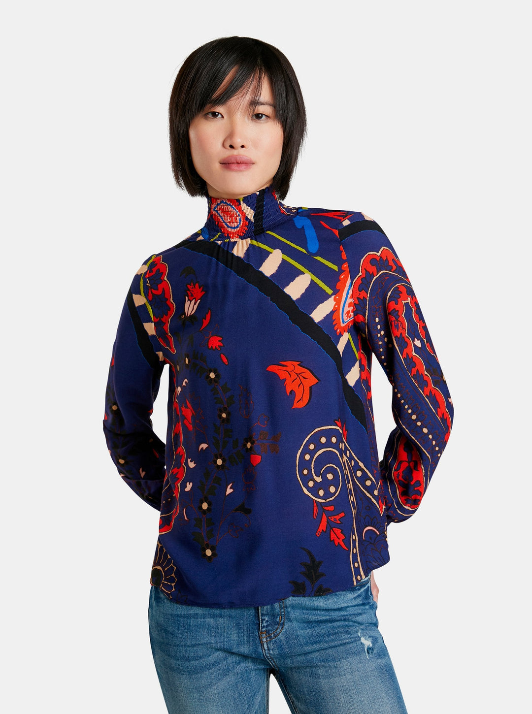Flowy paisley leaf high neck top